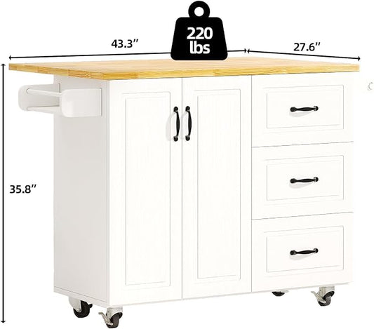 4 EVER WINNER 43" Modern Farmhouse Kitchen Island Cart with Drop Leaf, 3 Drawers, Adjustable Shelf, Spice Rack & Towel Rack, Rolling Kitchen Island for Small Kitchen & Dining Room, White