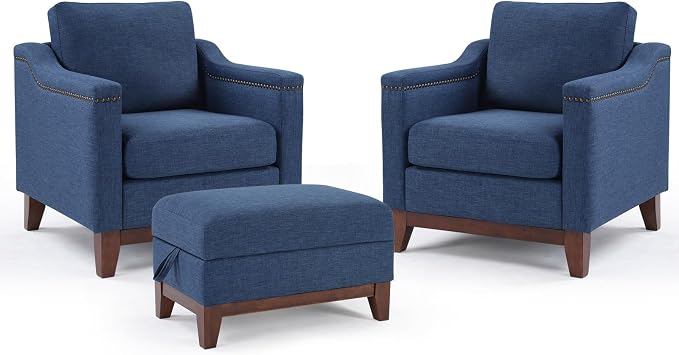 HAOMARKETS 2 Piece Fabric Sofa Set with Nailhead Trim, Included Accent Chair Set of 2 with Thicked Cushion and Upholstered Storage Ottoman with Flip-Top Table, Living Room Furniture Set,Blue