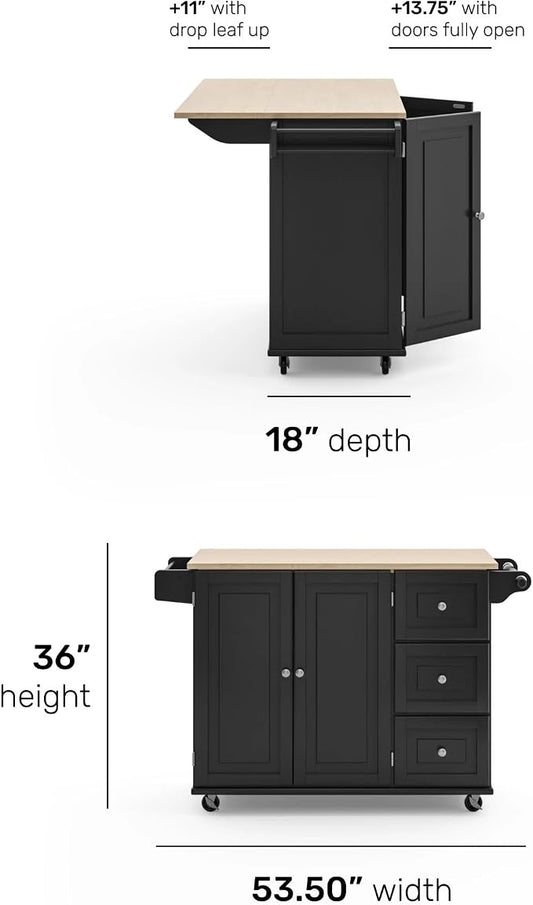 Homestyles Dolly Madison Black Mobile Kitchen Island Cart with Wood Drop Leaf Breakfast Bar