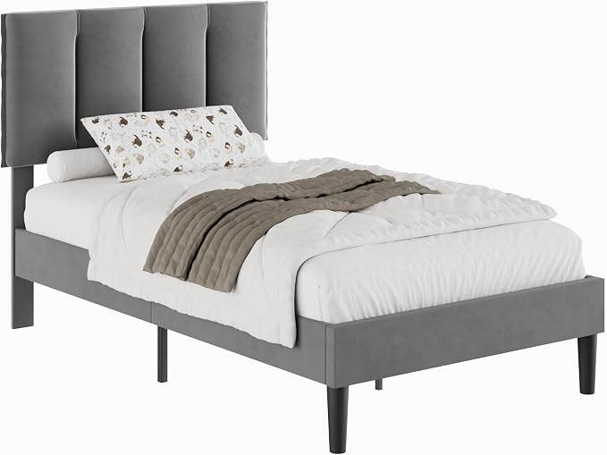 VECELO Twin Size Bed Frame with Upholstered Headboard, Heavy-Duty Bedframe with Wooden Slats & Steel Framework, Easy Assembly, Dark Grey