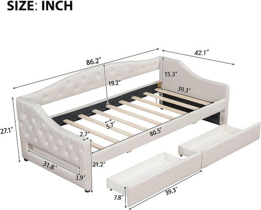 Merax Modern Upholstered Platform Bed Frame with Storage Drawers, Linen Sofa Day Bed, No Box Spring Needed/Easy Assemble/Twin XL, Beige