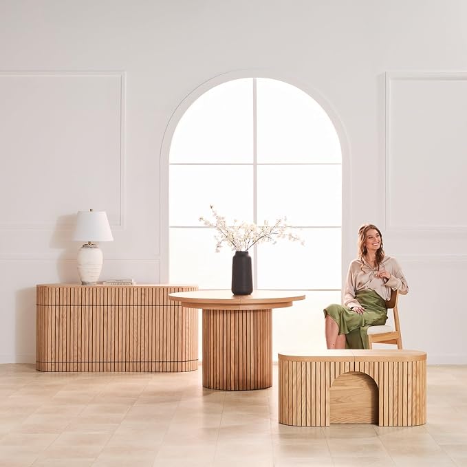 Transformer Table - Solid Wood Extendable Round Dining Table Set with Sideboard Panel Storage Cabinet, Expandable Round Dining Set, Elegant and Functional Design Natural (Table + Sideboard)
