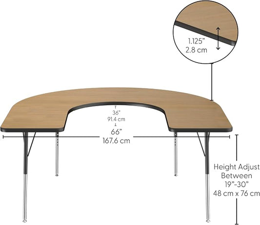 FDP Horseshoe (60 x 66 inch) Collaborative Teacher Classroom Table with Adjustable Standard Swivel Glide Legs (19-30 in) School and Office Furniture - Pasadena Oak Top/Black Edge and Legs