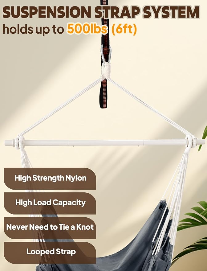Chihee Hammock Chair Swing - Strong Metal, Collapsible, Portable, Max 500 lbs, Comfy Seat, Patio & Lawn, Cotton Blended, Indoor/Outdoor