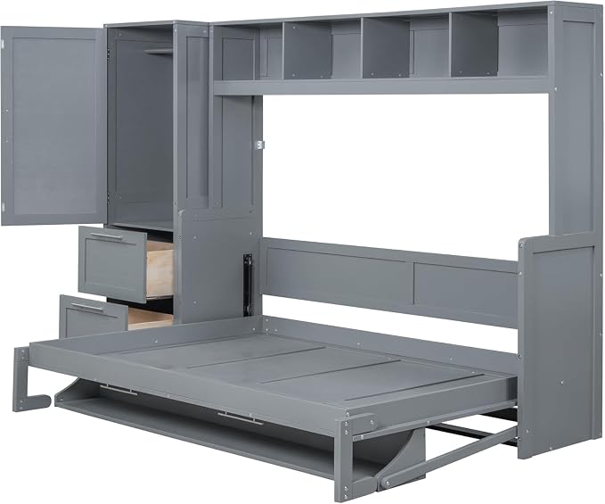 Virubi Full Murphy Bed with Wardrobe Closet,2 Drawer,4 Storage Open Shelves,Wood Folding Murphy Wall Bed Cabinet with Storage, Easy Assembly (Grey,Queen)
