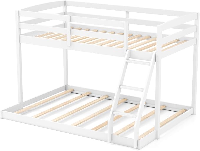 KOMFOTT Low Bunk Bed Twin Over Full, Solid Wood Twin Bed Frame with Built-in Ladder & Safety Guardrails, Space-Saving Low Bunk Bed for Kids, Teens, No Box Spring Needed