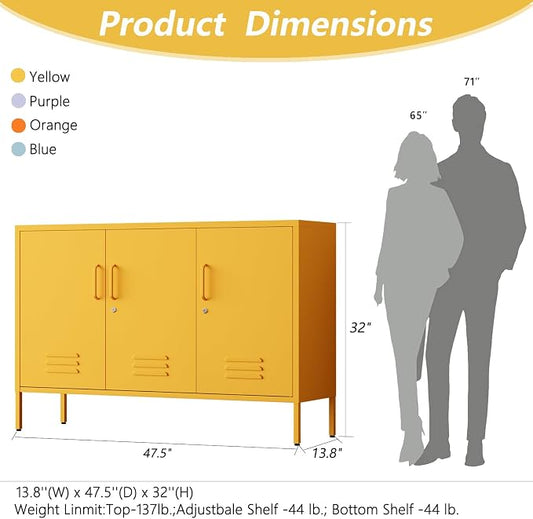 Yellow Wide Metal Storage Cabinet, 32" H Heavy Duty Steel Locker with Lock, 2 Adjustable Shelves & Ventilated Doors for Home Office Kitchen Living Room