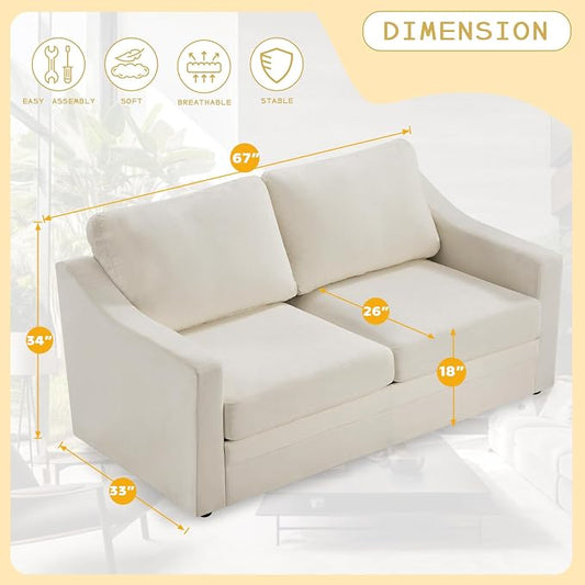 67” Chenille Loveseat Sofa w/Comfortable Back Cushions, Beige | Modern 2-Seat Couch w/Deep Seat Space, Upholstered 2 Seaters Sofa w/High Resiliency Foam for Living Room