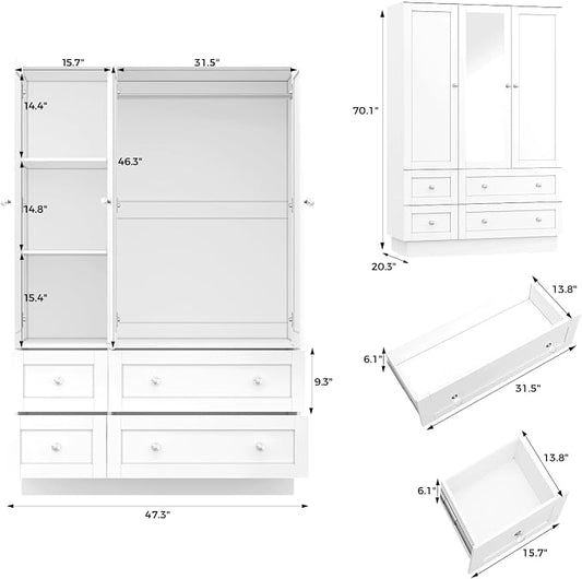 VOWNER Wardrobe Closet with 3 Doors Bedroom Armoire with Mirror & 4 Drawers | Large Capacity Storage Closet with LED Light and Hanging Rod for Bedroom, White 47" L