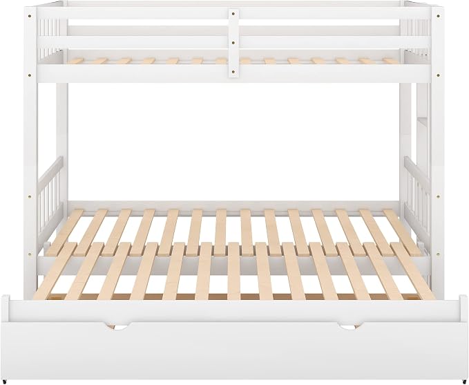 Extendable Bunk Bed with Trundle, Twin Over Double Twin Bunk Bed Frame, Upgraded Version Wooden Bunk Bed with Trundle, Pull-Out Bunk Bed Frame Can Be Extendable, No Spring Box Needed, White