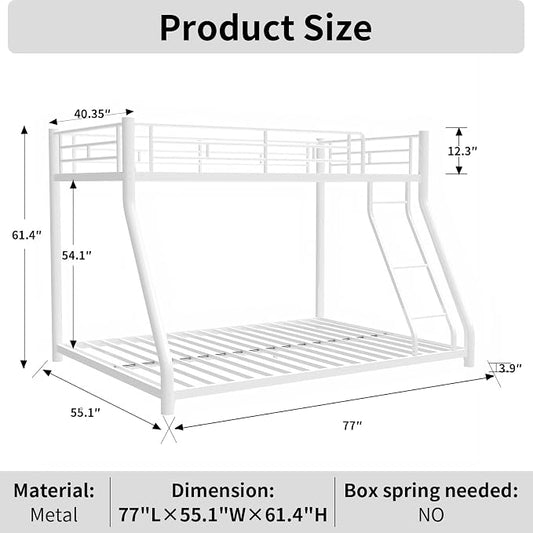 Metal Bunk Bed Twin Over Full Size with Removable Stairs, Heavy Duty Sturdy Frame with Full Length Safety Guardrail for Teen & Adults, Teens, No Box Spring Needed (White)