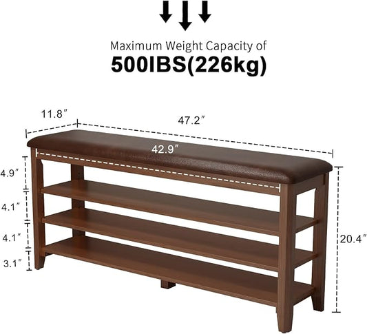 AQIMUELE Shoe Bench with Leather Cushion, 3 Tiers Shoe Storage Bench Height Adjustable, Walnut Wood Entryway Bench for Hallway, Mudroom