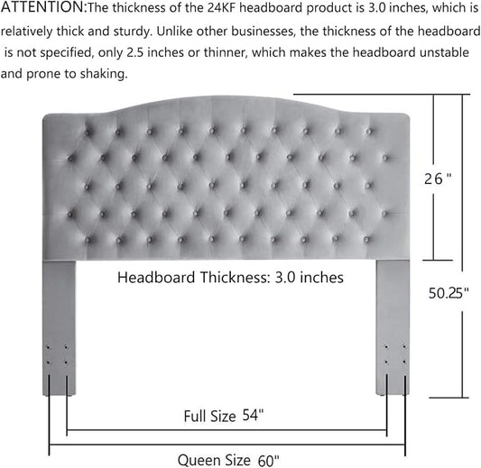24KF Upholstered Tufted Button Velvet Headboard,Comfortable Fashional Headboard Queen/Full Size, Gray