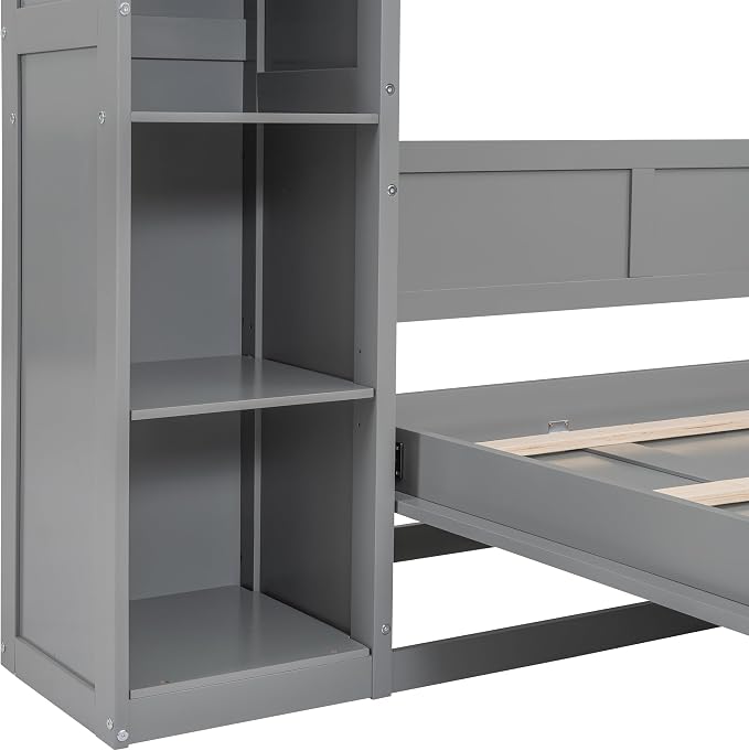 MERITLINE Full Murphy Bed Kit with Storage 8 Shelves and LED Lights, Wood Murphy Bed Cabinet Murphy Bed in a Cabinet Grey Murphy Wall Bed Units Full Size, LP00069