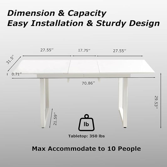 Extendable Dining Table for 4-8 People,70.86''Modern Space-Saving Kitchen Table with Metal Legs,Rectangle Folding Conference Meeting Table for Living Meeting Room Kitchen,White