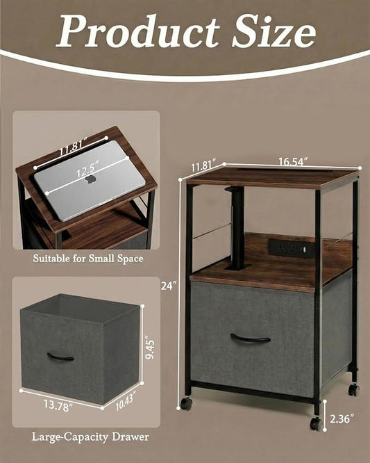 Faesun Swivel Lift Top Nightstand with Charging Station, Rolling Side Table for Recliner, Bedside Table with Wheels & a Fabric Drawer, for Small Spaces, for Bedroom, Living Room, Walnut Gray