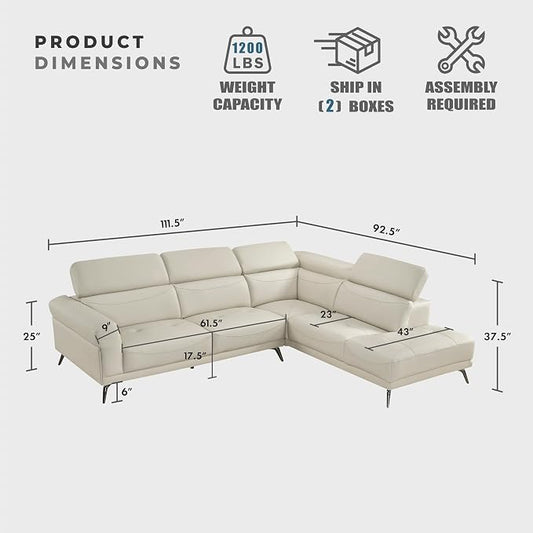 Lexicon L-Shaped Sectional Couch with Right Chaise, Top Grain Leather Match Sectional Sofa, Adjustable Headrests, Black Chrome Metal Legs, High-Density Cushions, Stitching, for Living Room, Beige