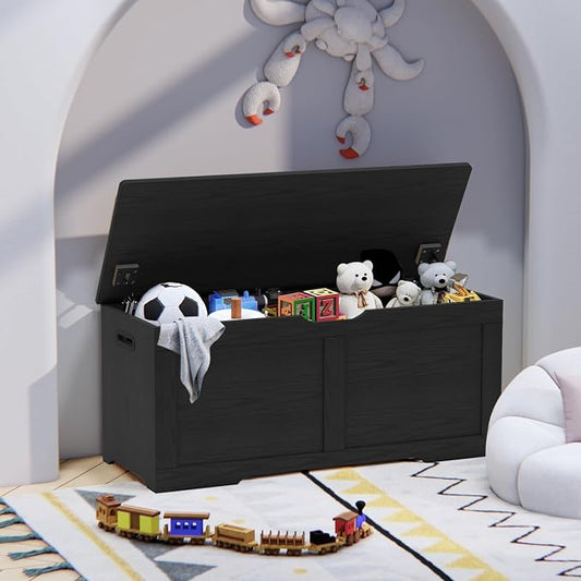 Timberer 39.4" Storage Chest, Wooden Storage Bench, Lift Top Toy Chest with 2 Safety Hinges, Large Toy Box, Entryway Bench for Living Room, Bedroom, Black