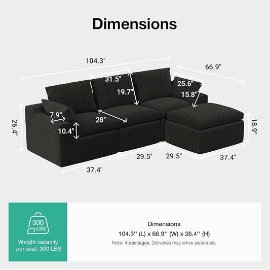 Novilla 104.3" Modular Cloud Couch, Modern Sectional Sofa with Smarts Coil® Support, Chenille Fabric, Upholstered Couch for Living Room Apartments Bedroom, No Assembly, 3 Seater + 1 Ottoman, Dark Grey