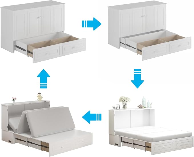 Mjkone Queen Size Murphy Bed Cabinet with Tri-Folding Mattress Included, Chest Cabinets Bed with USB Charging Station, Wall Beds with Storage Drawers for Guest Bedroom Apartment Office, White