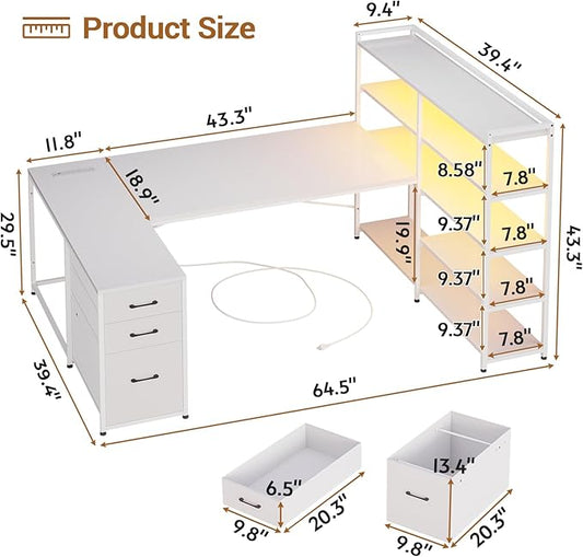 SEDETA L Shaped Office Desk with Drawers, 64.5" Reversible Computer Desk with Storage Shelves and Power Outlet, Corner Gaming Desk with LED Strip for Home Office, White