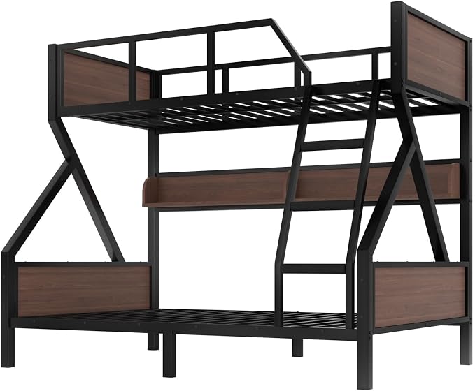 KEIKI Twin Over Full Bunk Bed, Heavy Duty Metal Bunkbed with Storage Shelves, Lights, Bottom Space & Guardrail for Aldults Dorm Bedroom Guest Room, No Box Spring Needed, Noise-Free Design