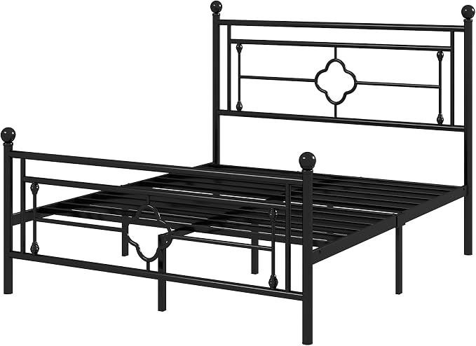 Allewie Full Size Metal Platform Bed Frame with Victorian Vintage Headboard and Footboard/Mattress Foundation/Under Bed Storage/No Box Spring Needed/Noise-Free/Easy Assembly, Black