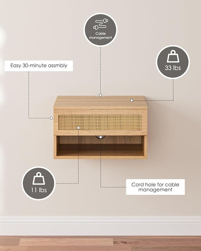 Floating Nightstand, Small Modern Floating Nightstand with Drawer, Floating Shelves for Bedroom, Bathroom (Oak Rattan)