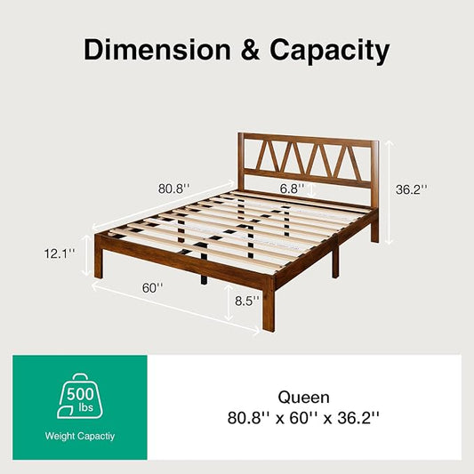 Novilla 12 Inch Queen Bed Frame with Headboard Bed Frame Queen Size Solid Wooden Bed Frame Foundation with Wood Slat Support, No Box Spring Needed, Easy Assembly, Walnut