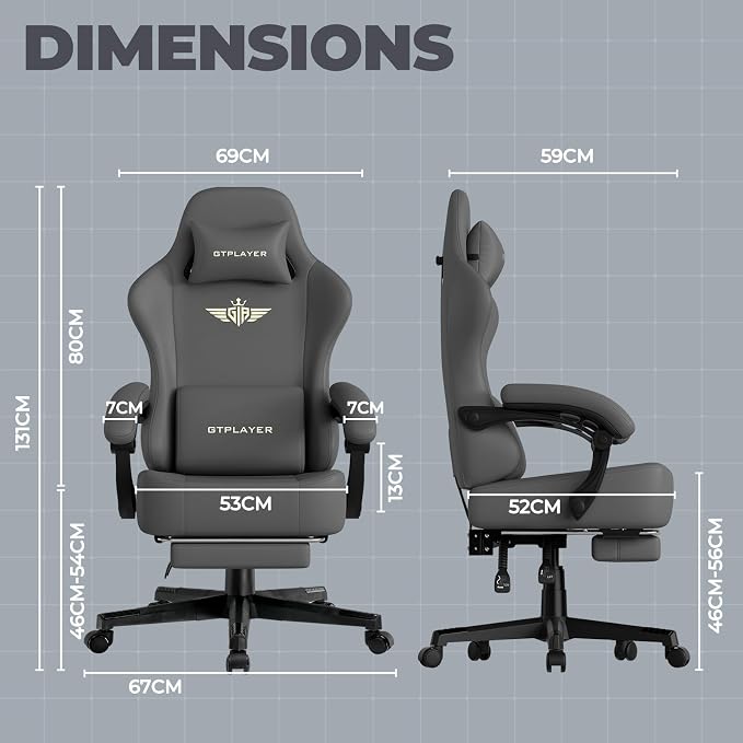 GTPLAYER Gaming Chair with Pocket Spring Cushion, Big and Tall Gamings Chairs 350LBS High Back Computer Chair with Footrest for Adults Lumbar Support Swivel Game Chair for Office, Leather Grey