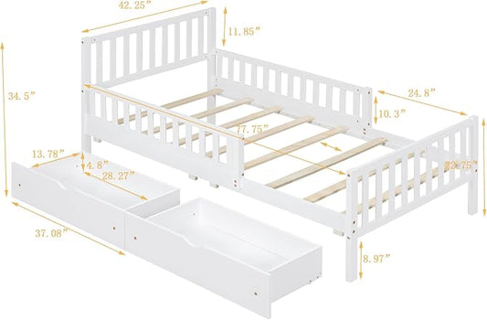 Kids Twin Size Bed Frame with Storage Drawers, Wood Twin Bed Frames for Kids, Twin Bed Frame with Headboard and Footboard for Boys Girls, No Box Spring Needed,White