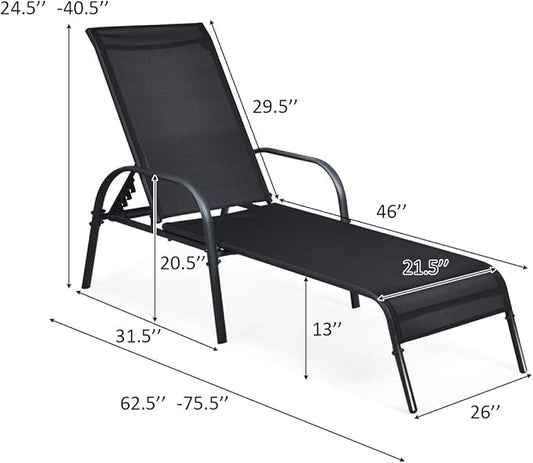 Giantex 2 Pack Patio Lounge Chair, Outdoor Chaise Lounge with 5 Adjustable Backrest, Sturdy Steel Frame, Sunbathing Recliner, Beach Chair, Tanning Chair for Outside, Yard, Balcony, Pool Chairs, Black