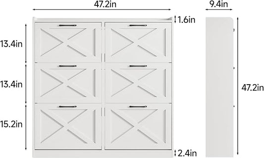 Maupvit Large Shoe Storage Cabinet with 6 Flip Drawers, Freestanding Shoe Organizer with Metal Handles for Entryway, Narrow Shoe Rack Cabinet, White