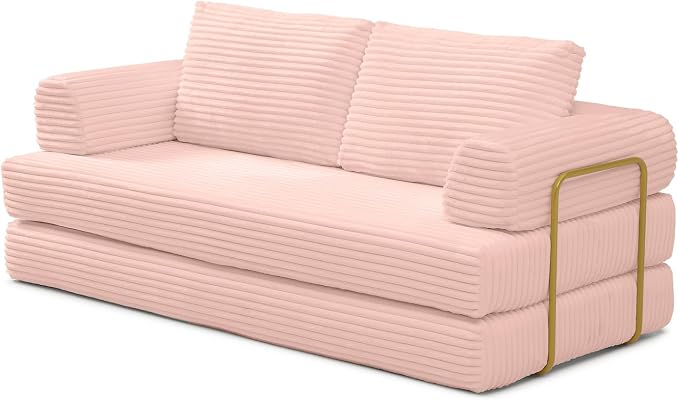 HANXIN 80 Inch Convertible Sleeper Sofa Bed, High Back Plush Corduroy Folding Floor Mattress Couch with Fixed-Shape Frame, Boneless Futon Loveseat with Pull Out Bed, No Assembly Required (Pink)