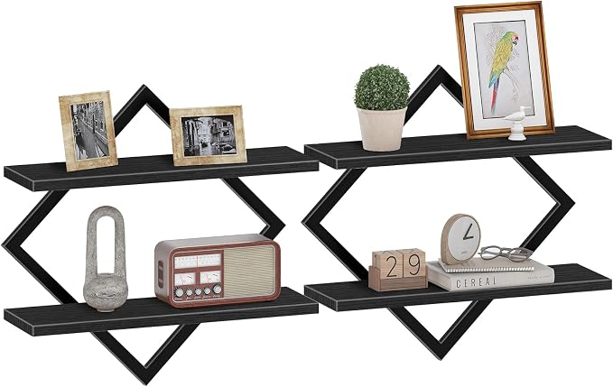 CHOEZON Floating Shelves, Set of 2 Wall Shelves, 2-Tier Hanging Shelves, Wall Shelf Set of 2, Wall Mounted Shelves, for Living Room, Bedroom, Kitchen, Office, Study, Black TBJ01P2BB