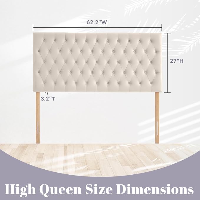 Upholstered Queen Headboard Only, Premium Velvet Button Tufted Headboards, Adjustable Solid Wood Head Board, Padded Headboard with Solid Wood Legs in Bedroom (Beige)