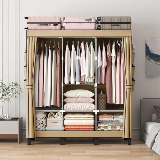 Portable Closet, 51.18" Large Capacity Wardrobe with 3 Hanging Rods, 6 Shelves & 18 Side Pockets, Dustproof Organizer for Bedroom, Dorm & Apartment (Cream Colour, Large)