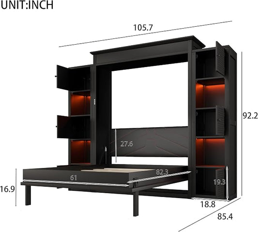MERITLINE Queen Murphy Bed with Storage Bookcase Shelves and LED Light, Solid Wood Murphy Wall Beds with Storage Cabinet Shelves,for Adults,Space-Saving for Office,Bedroom,Guest Room
