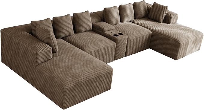 143" Oversized U Shaped Cloud Sectional Couches for Living Room, Comfy Fluffy Corduroy Light Brown Boneless Couch, Large Modular Sectional Sofa Set with Chaise, Cup Holder, USB Port, Storage Console