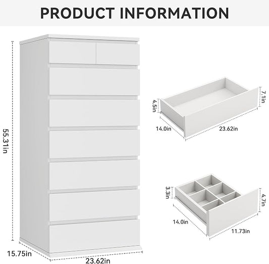 Jocoevol White Tall 8 Drawer Dresser for Bedroom,Dressers & Chests of Drawers with Jewelry Storage,Wood Storage Dresser with Deep Drawers for Living Room Hallway Entryway(55.3" L*23.6" W*15.7")