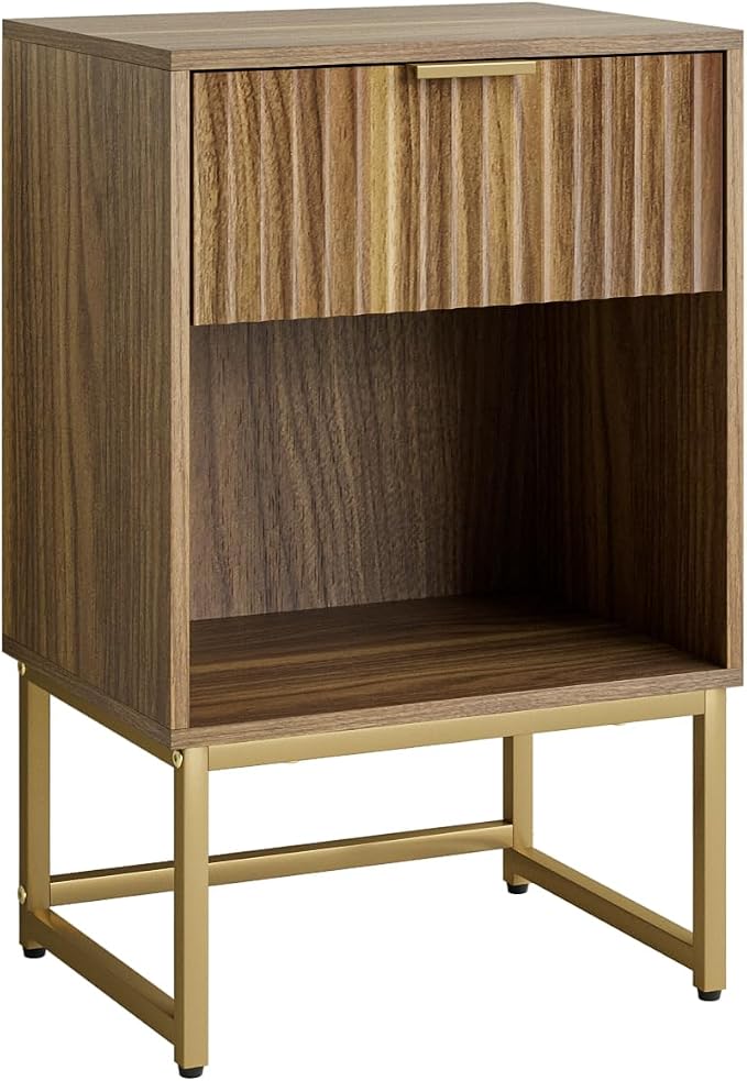 Masupu Fluted Nightstand,Modern Night Stand Wood Bedside Table with Storage Drawer Side End Table for Bedroom,Office,Walnut Brown