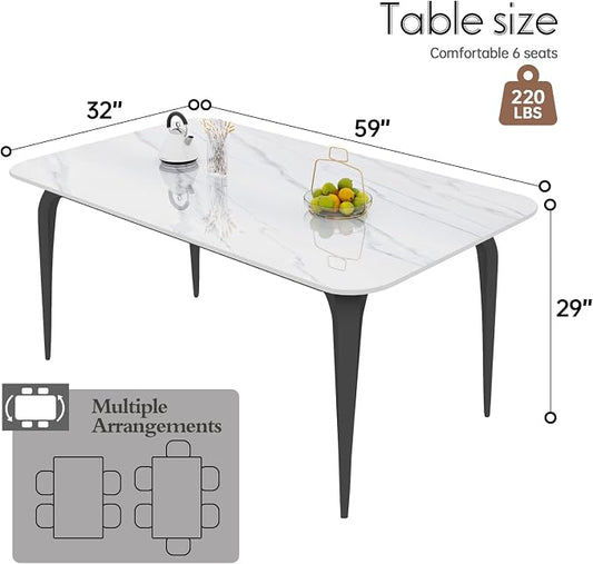 59" White Glossy Rectangular Sintered Stone Dining Table With Metal Legs | Heat, scratch and stain resistant tabletop, Silent Floor Pads, for small spaces like kitchens