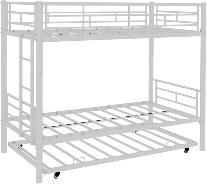 Metal Bunk Bed with Trundle, Space-Saving Bunk Bed Twin Over Twin with Ladders and Safety Guardrail, Heavy Duty Twin Bed Frames, No Box Spring Needed and Noise Free(White)
