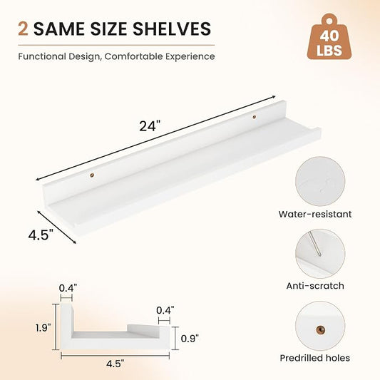 Dreamland Picture Ledge Shelf for Wall, Floating Shelves Set of 2, 24 Inch Long Floating Shelves with Lip for Living Room, Bedroom, Bathroom, Kitchen, White