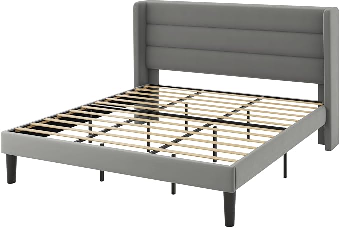 Allewie King Size Platform Bed Frame with Velvet Upholstered Wingback Headboard, No Box Spring Needed, Under Bed Storage Space, Strong Wooden Slats, Modern Mattress Foundation, Easy Assembly, Grey