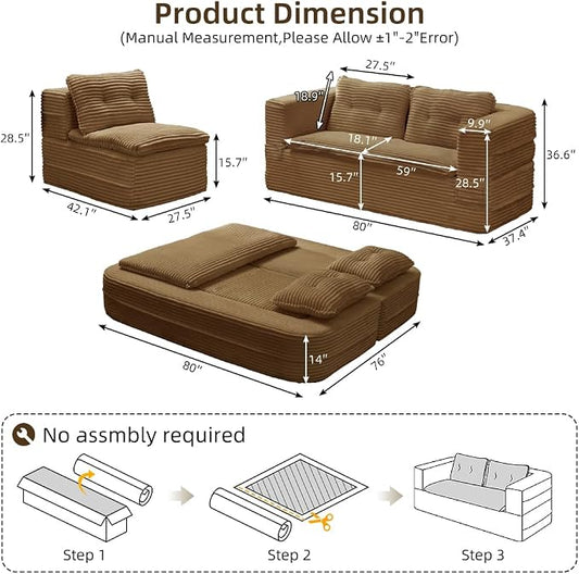 80'' Futon Sofa Bed, King Size Foldable Sleeper Sofa, Corduroy Boneless Loveseat Couch with Chaise Lounge, 3 Pillows, Blanket, Upholstered Sectional Couches for Living Room, Bedroom, Camel