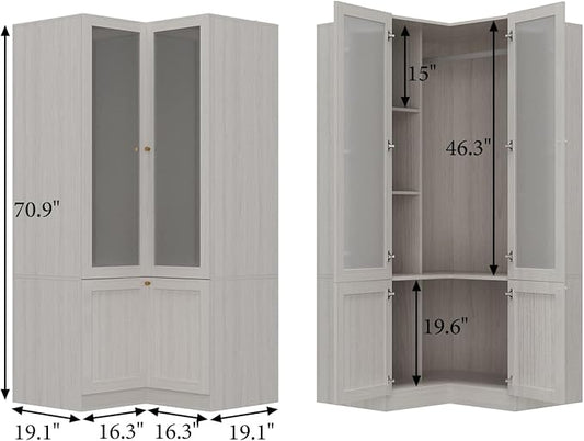 MOUMON Corner Wardrobe, L-Shaped Modern Bedroom Armoires with Frosted Glass Doors and Hanging Rod, Corner Armoire Wardrobe Closet, Wood Grain 35.4" W x 35.4" D x 70.9" H