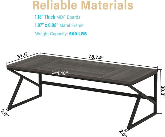 HSH Extra Long Home Office Desk, Industrial Metal Wood Computer Desk, Large PC Laptop Table for Two Person Executive Writing Work Study Gaming, Bedroom Living Room Dual Monitor Desk, Dark Gray,78 Inch