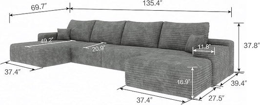 135" U Shaped Sectional Couch with Ottoman, Large Sectional Couches for Living Room, Plush Corduroy Convertible Sleeper Sofa, Compressed Foam Sofa in a Box No Assembly, Left Facing Chaise, Grey