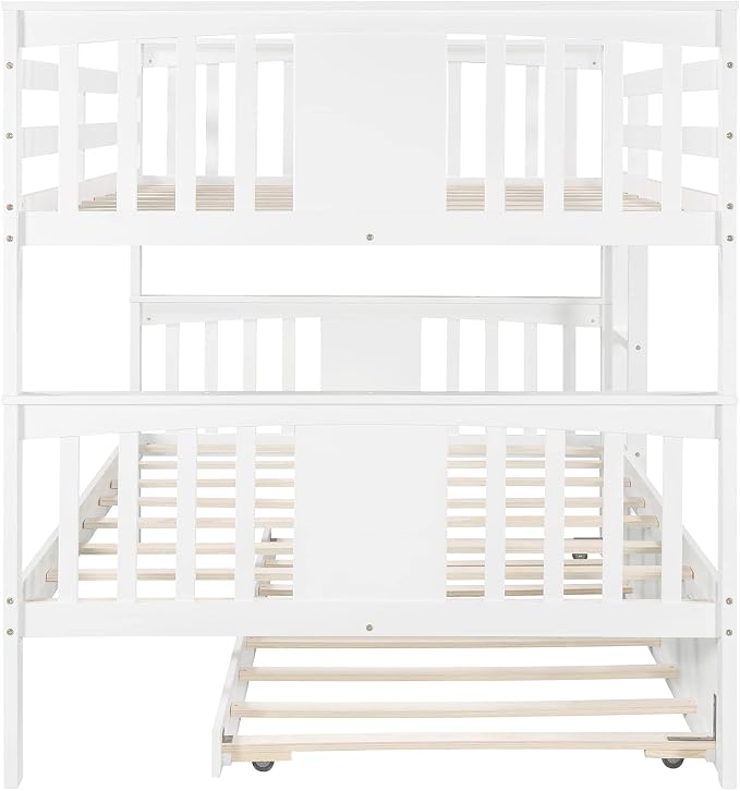 Merax Full Over Full Bunk Bed with Trundle, Convertible to Two Separate Beds, Solid Pine Wood Frame with Safety Guardrail & Headboard/Footboard, Sturdy Durable Design, No Box Spring Needed, White